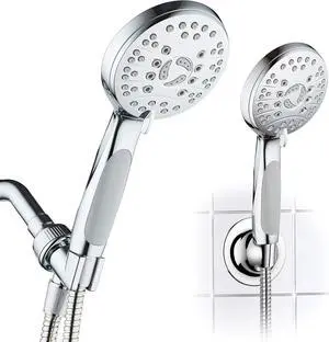 for California - High Pressure 6-setting Luxury Handheld Showerhead Extra Long 6 Ft Stainless Steel Hose Anti Clog Jets Anti Slip Grip Top US Brand Extra Wall Bracket - Chrome Finish