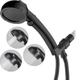 HANLIAN High Pressure Shower Head with Pause Function, 3 Spray Settings Handheld Shower Head with On Off Switch, Watersaving Detachable Showerhead with 5Ft Stain Steel Hose and ABS Bracket (Black)