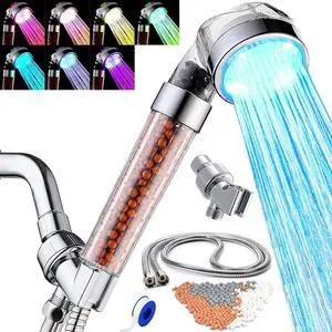 LED Shower Head Handheld with Hose,Replacement Filter and Shower BracketRainfall 7 Colors Changing High Pressure Spray Filter Showerheads Waterproof Lights for Hard Water