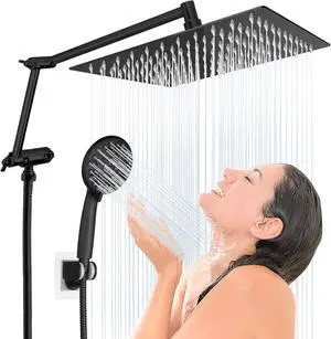 Hygie Rinse Black Rain Shower Head with Handheld Spray Combo - 10" Rainfall Showerhead + 7-Spray Handheld Spray Combo, Folded Extension Arm, 71" Shower Hose and 3 Settings Diverter