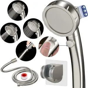 HANLIAN High Pressure Shower Head with Pause Button, 3 Spray Modes Shower Head for RV Camper, Water Saving On Off Shower, Handheld Shower Head with Hose and Self-adhesive Holder (Brushed Nickel)