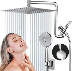 PinWin Shower Head, Upgraded Dual Rain Shower Head with Adjustable Extension Arm, 6-Setting Handheld Combo, Powerful High-Pressure Spray Against Low Pressure Water (12-Inch Showerhead Set, Chrome)