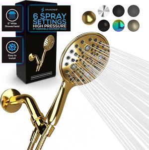 SparkPod 6 Spray Setting High Pressure Hand Held Shower Head  6 Wide Angle Handheld Shower Head Set with Brass Swivel Ball Bracket and 70 Inch Long Hose  Luxury Design Egyptian Gold