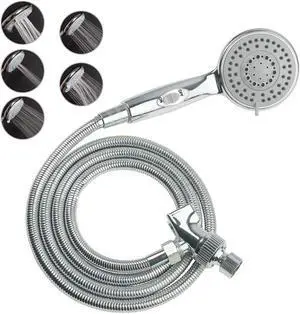Handheld Shower Head with On/Off Switch - 5 Spray Settings 6.5 Feet Extra Long Hose High Pressure with Bathroom Faucet Kit - Universal Adapter Holder Mount for Wall Chrome Finish