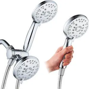 High Pressure 48-mode Luxury 3-way Combo  Dual Rain & Handheld Shower Head  Extra Long 6 Foot Stainless Steel Hose  Extra Large Face  Anti Clog Jets  All Chrome Finish  Top US Brand