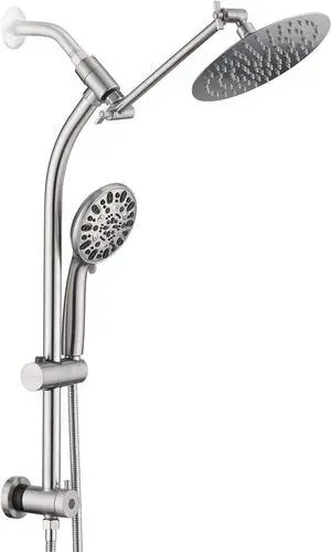 Rainfall 8 Inch Round Shower Head with High Pressure Handheld Spray Combo, Drill-Free Slide Bar with Adjustable Shower Extension Arm, 3-Way Diverter for Easy Reach, 5Ft Hose- Brushed Nickel