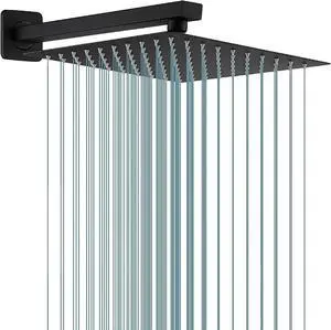 Rain Shower Head Black with Extension Arm 12 Inch Square Shower Head with 16 Inch Shower Arm Large Stainless Steel Rainfall Showerhead Matte Black Waterfall Full Body Coverage by GGStudy
