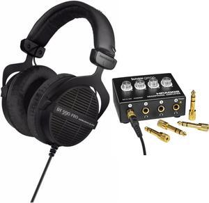 beyerdynamic DT 990 PRO 250 ohm Studio Headphones (Ninja Black, Limited Edition) with 4-Channel Headphone Amplifier Bundle (2 Items)