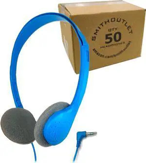 SmithOutlet 50 Pack Classroom Headphones in Bulk | Model SG-ID19-50 | Wired 3.5 MM Jack Connectivity | Color Blue | Ideal for Schools, Classrooms, Students, Library