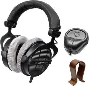 beyerdynamic Professional Acoustically Open Headphones 250 Ohms (DT-990-PRO-250) with Slappa HardBody PRO Full Sized Headphone Case Black & Universal Wood Headphone Stand