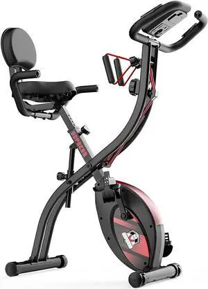 HAPBEAR Folding Exercise Bike Magnetic Foldable Stationary Bike, 3 in 1 Mode Indoor Upright Fitness Workout X-Bike with 8-Level Resistance and Arm Resistance Band, Pulse Sensor,LCD Monitor