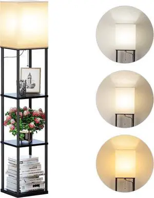 SUNMORY Floor Lamp with Shelves, Modern Square Standing Lamp with 3 Color Temperature Bulb, Corner Display Bookshelf Lamp for Living Room and Bedroom(Black)