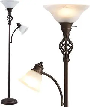 Torchiere Floor Lamp for Living Room, LED Standing Reading Light for Bedroom with Glass Shade for Living Room Corner Bedroom Home Office,Bulbs Included (Red Brown,Glass 2 Head)