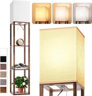 Floor Lamp with Shelves for Living Room Brown, Shelf Floor Lamp with 3 CCT LED Bulb, Corner Display Standing Column Lamp Etagere Organizer Tower Nightstand with White Linen Shade for Bedroom
