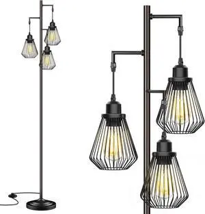 Industrial Floor Lamps for Living Room, Farmhouse Standing Lamp with 3 Hanging Teardrop Cage Shades, 68" Modern Rustic Tree Tall Lamps with Pedal Switch for Bedroom Office Home Light Decor, Black