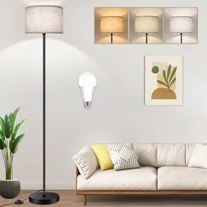 TOBUSA 65 Floor Lamp for Living Room Bedroom with 3CCT LED Bulb, Modern Standing Lamp Drum Shade, Standing Lamp with Foot Switch Black Pole, Dimmable Simple Design Stand Up Lamp for Office Reading