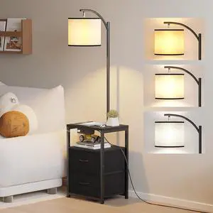 SUNMORY Floor Lamp with Table & 2 Drawers, Lamp with USB Port and Outlet, Lamps for Nightstand with 3 Color Temperature Led Bulb Included, Floor Lamps for Living Room, Bedroom and Home Office, Black
