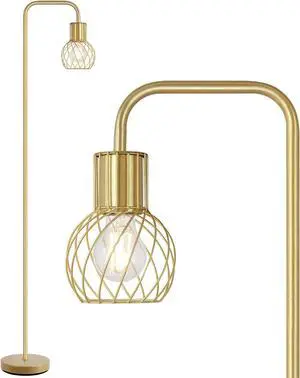 Brass Gold Standing Floor Lamp for Living Room - Modern Industrial Design with 6W LED Bulb, Foot Switch, Metal Tall Stand, Minimalist Farmhouse Boho Style for Bedroom & Office
