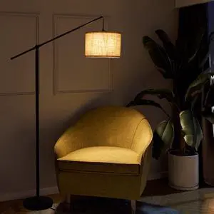 SURAIELEC Arc Floor Lamp, Overhang Cantilever Standing Floor Lamp for Couch, Sofa, Reading, Living Room, Bedroom, Adjustable Balance Arm, Natural Linen Drum Shade, Matt Black Metal Pole, Foot Switch