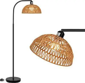 Farmhouse Rattan Floor Lamp, Black Rustic Tall Floor Lamp, Boho Floor Lamps with Hanging Adjustable Hand-Worked Rattan Shade, Foot Switch, Black Pole Lamps for Living Room (Bulb Not Included)