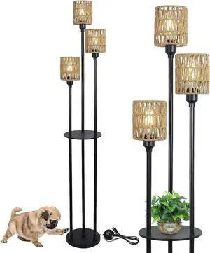 Boho Floor Lamp with Shelves, 3-Lights Farmhouse Tall Floor Lamp with ON/Off Foot Switch, Rustic Standing Lamp with Rattan Shades for Living Room Bedroom Office
