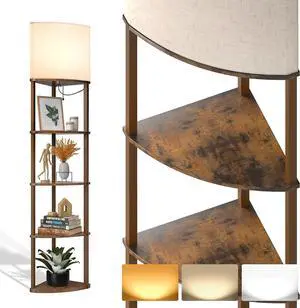 addlon Corner Lamps 5-Tier Shelf Floor Lamp Display with 3 Color Temperatures LED Bulb and Linen Lamp Shade, Shelves for Living Room, Bedroom and Office - Vintage