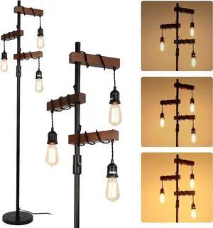Dimmable Industrial Floor Lamp, Farmhouse Tree Floor Lamp, 68 Inch 3 Lights Wood Standing Lamp, Sturdy Base Tall Vintage Pole Light, Metal Black Floor Lamps for Living Room Bedroom Office Rustic Home