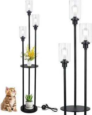 HMVPL Floor Lamps for Living Room, 3-Lights Modern Floor Lamp with Shelves, Farmhouse Standing Lamp with Glass Shades, On/Off Foot Switch, Black Industrial Tall Lamp for Bedroom Office Corner(66")