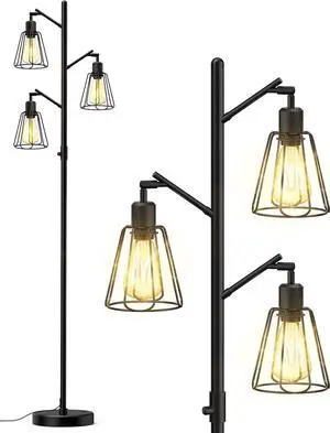 LEPOWER Industrial Floor Lamp, 3 x 800LM LED Edison Lamps Included, Floor Lamp for Bedroom with 90° Multi Head, Dimmable Floor Lamps Black for Office, Bedroom, Farmhouse Decor