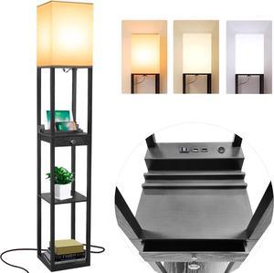 Assemer Shelf Floor Lamps for Living Room,Tall Standing Lamp with Shelves and Drawer,2 USB Charging Ports & Power Outlet,Bright 3CCT LED Bulb Included - Black