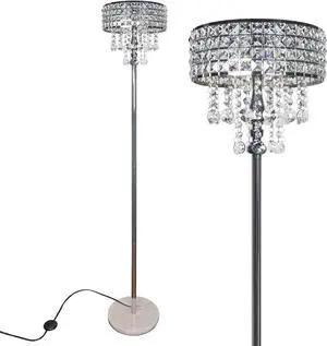beaysyty Modern K9 Clear Glass Crystals Floor Lamp, On/Off Foot Switch, Crystal & Glass 3-Lights Standing Light, Reading Corner Lamp for Office Cafe, Living Room Bedroom (Chrome)