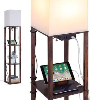 Floor Lamp with Shelves, Shelf Floor Lamps for Living Room with 2 USB Charging Ports and Power Outlet, 3CCT Modern Corner Square Display Standing Lamp 4-Tier Tall Bookshelf Lamp for Bedroom