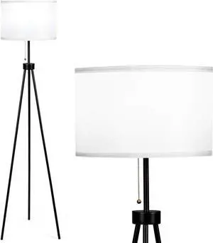 Tangkula 60.5" Metal Tripod Floor Lamp, Contemporary Minimalist Standing Floor Light with Iron Legs, Fabric Drum Shade, E26 Lamp Base, Mid Century Modern Reading Light for Living Room, Bedroom