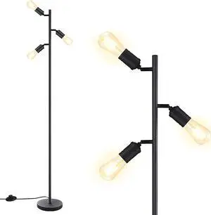 Industrial Standing Lamp with 3 Adjustable Rotating Lights - Tree Floor Lamp for Living Room, Bedroom, Home, Office (E26 Edison Bulb, Black)