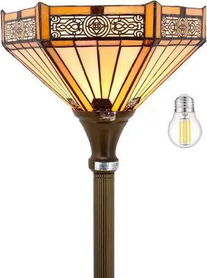 WERFACTORY Tiffany Floor Lamp Yellow Hexagon Stained Glass Mission Light 12X12X66 Inches Torchiere Standing Corner Torch Uplight Decor Bedroom Living Room Home Office S011 Series