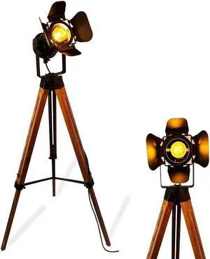 SUNLLOK Vintage Black Wood Tripod Floor Lamp for Living Room, Modern Industrial Metal Nautical Cinema e26 Standing Corner Searchlight - Rustic Reading Adjustable Desk Table Light for Bedroom Office