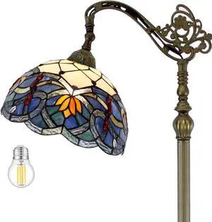WERFACTORY Tiffany Floor Lamp Blue Lotus Flower Stained Glass Arched Lamp 12X18X64 Inch Gooseneck Adjustable Corner Standing Reading Light Decor Bedroom Living Room S220 Series