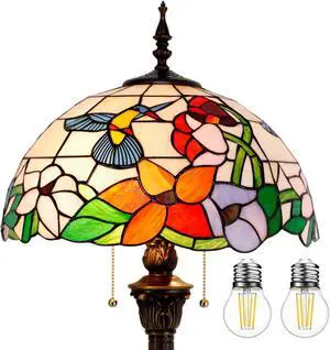 WERFACTORY Tiffany Floor Lamp Hummingbird Amber Stained Glass Standing Reading Light 16X16X64 Inches Antique Pole Corner Lamp Decor Bedroom Living Room Home Office S101 Series