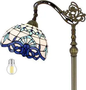 WERFACTORY Tiffany Floor Lamp Navy Blue White Stained Glass Arched Lamp 12X18X64 Inches Gooseneck Adjustable Corner Standing Reading Light Decor Bedroom Living Room S003B Series
