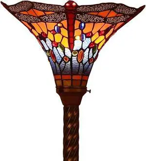 Bieye L10710 Dragonfly Tiffany Style Stained Glass Torchiere Floor Lamp with 13 Inch Wide Handmade Lampshade Metal Base for Dark Corner Living Room Bedroom, Orange Blue, 70 inch Tall