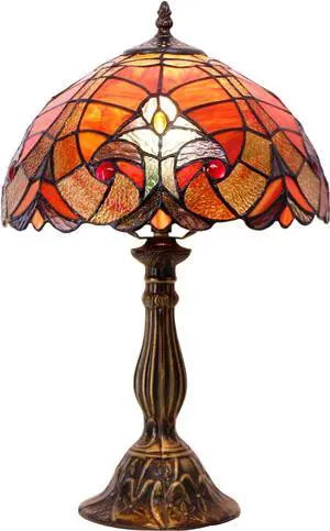 WERFACTORY Tiffany Lamp Red Liaison Stained Glass Table Lamp Desk Bedside Reading Light 12X12X18 Inches Decor Bedroom Living Room Home Office S160R Series