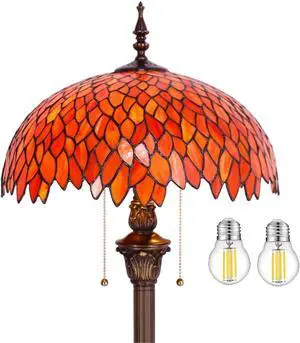 WERFACTORY Tiffany Floor Lamp Red Orange Wisteria Stained Glass Standing Reading Light 16X16X64 Inches Antique Style Pole Corner Lamp Decor Bedroom Living Room Home Office S523R Series