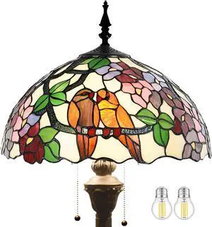 WERFACTORY Tiffany Floor Lamp Double Tropical Birds Stained Glass Standing Reading Light 16X16X64 Inches Antique Pole Corner Lamp Decor Bedroom Living Room Home Office S803 Series