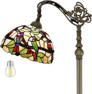 WERFACTORY Tiffany Floor Lamp Amber Double Birds Stained Glass Arched Lamp 12X18X64 Inches Gooseneck Adjustable Corner Standing Reading Light Decor Bedroom Living Room S805 Series