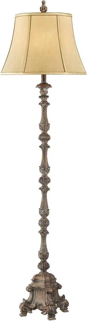 Regency Hill Rustic French Country Traditional Style Floor Lamp Standing 62" Tall Faux Wood Antique Candlestick Beige Silk Fabric Bell Shade Decor for Living Room Reading House Bedroom Home