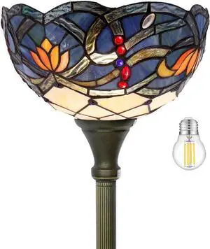 WERFACTORY Tiffany Floor Lamp Blue Lotus Flower Stained Glass Light 12X12X66 Inches Pole Torchiere Standing Corner Torch Uplight Decor Bedroom Living Room Home Office S220 Series
