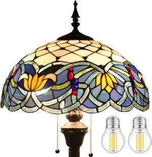 WERFACTORY Tiffany Floor Lamp Blue Lotus Stained Glass Flower Standing Reading Light 16X16X64 Inches Antique Pole Corner Lamp Decor Bedroom Living Room Home Office S220 Series