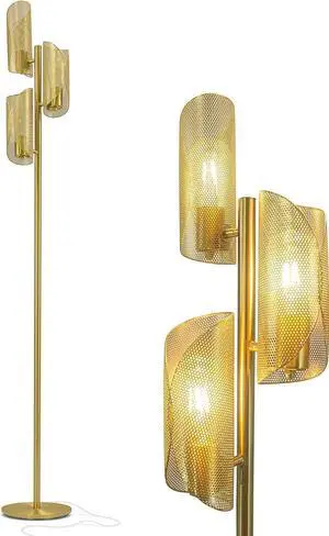 Brightech Lyra LED Tree Floor Lamp for Mid-Century Modern, Contemporary, Industrial Décor, 3 Light Head Standing Lamp with Metal Cage Shade, Standing Pole Tall Lamp for Living Room, Bedroom - Brass