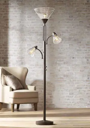Franklin Iron Works Warwick Industrial Torchiere Tree Floor Lamp LED 3-Light Edison 71.5" Tall Tiger Bronze Metal Clear Seedy Glass Shade for Living Room Reading House Bedroom Home
