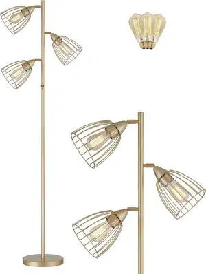 WOXXX Industrial Floor Lamp for Living Room Bright Lighting Tall Stand Up Lamp Farmhouse Rustic Modern Gold Tree Floor Lamps for Bedrooms, Office with Reading Light Standing Lamp 3 LED Bulbs Included